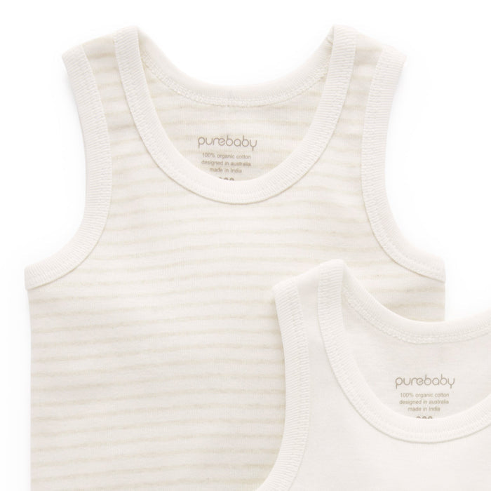 Purebaby - Organic Tank Bodysuit (2-Pack) - White & Cream Stripe-Onesies-Newborn-Posh Baby