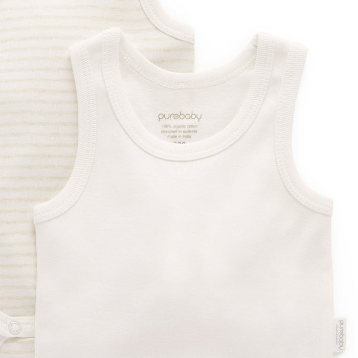 Purebaby - Organic Tank Bodysuit (2-Pack) - White & Cream Stripe-Onesies-Newborn-Posh Baby