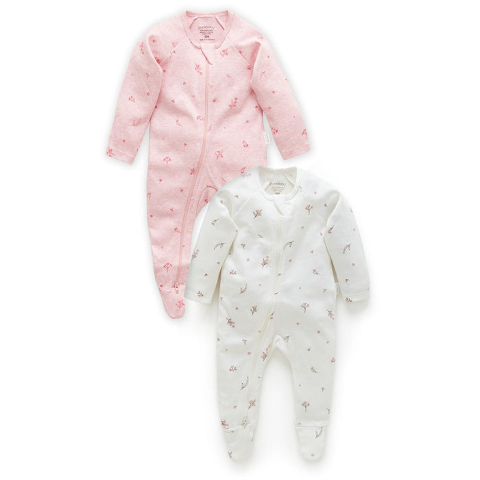 Purebaby - Organic Zipper Footie (2-Pack) - Pink Blossom-Footies + Rompers (Basic)-Newborn-Posh Baby