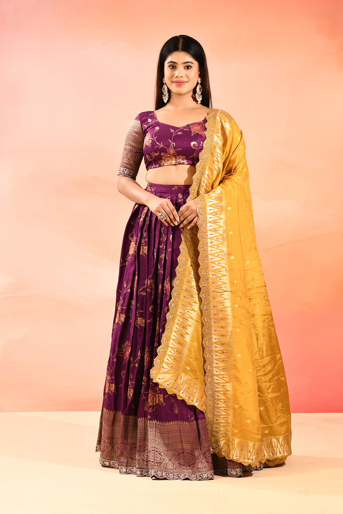 Purple Banarasi Silk Lehenga With Mustard Gold Zari Dupatta