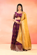 Purple Banarasi Silk Lehenga With Mustard Gold Zari Dupatta