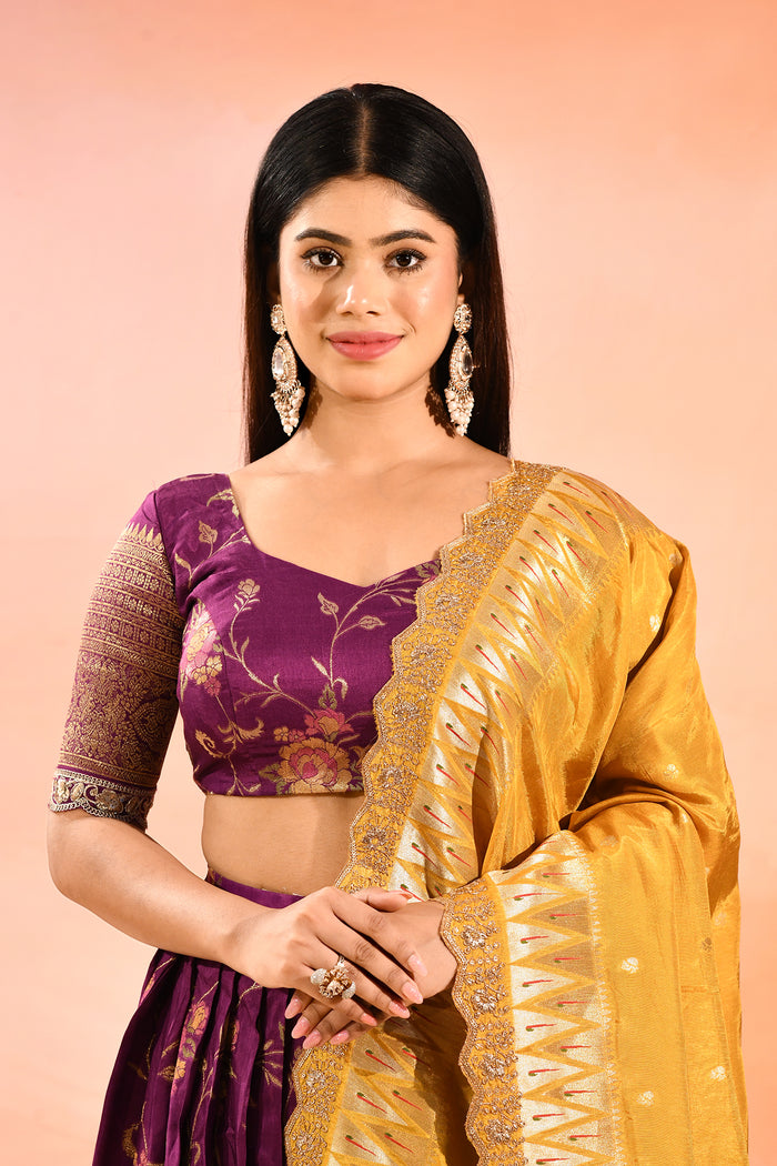 Purple Banarasi Silk Lehenga With Mustard Gold Zari Dupatta
