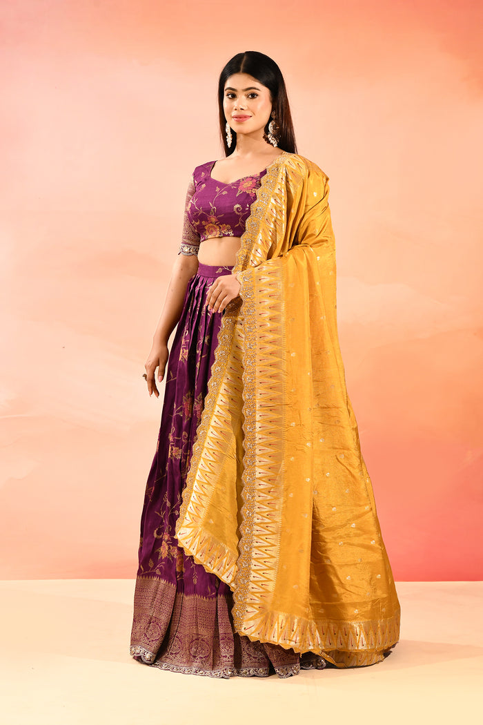 Purple Banarasi Silk Lehenga With Mustard Gold Zari Dupatta