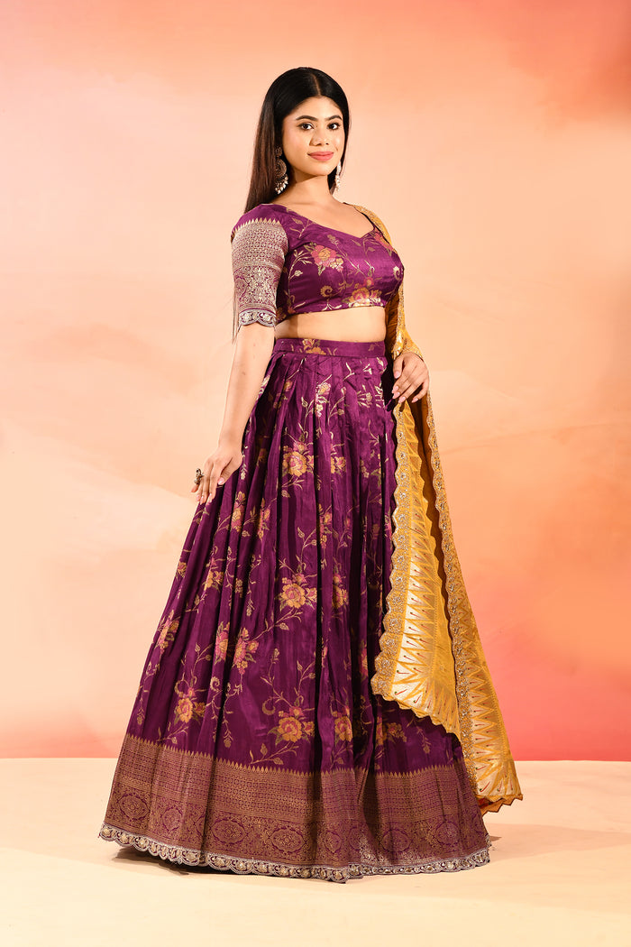 Purple Banarasi Silk Lehenga With Mustard Gold Zari Dupatta