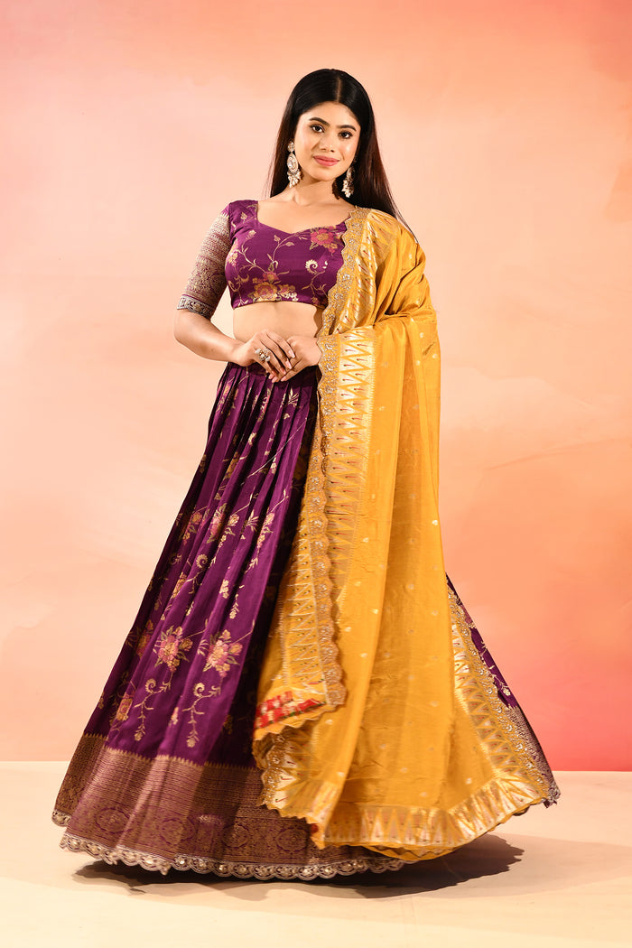 Purple Banarasi Silk Lehenga With Mustard Gold Zari Dupatta