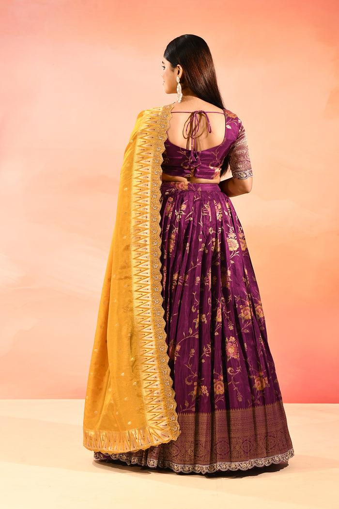 Purple Banarasi Silk Lehenga With Mustard Gold Zari Dupatta