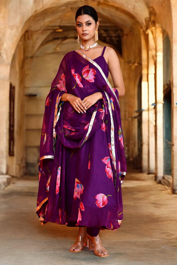 <img> Purple Chiffon Anarkali Set