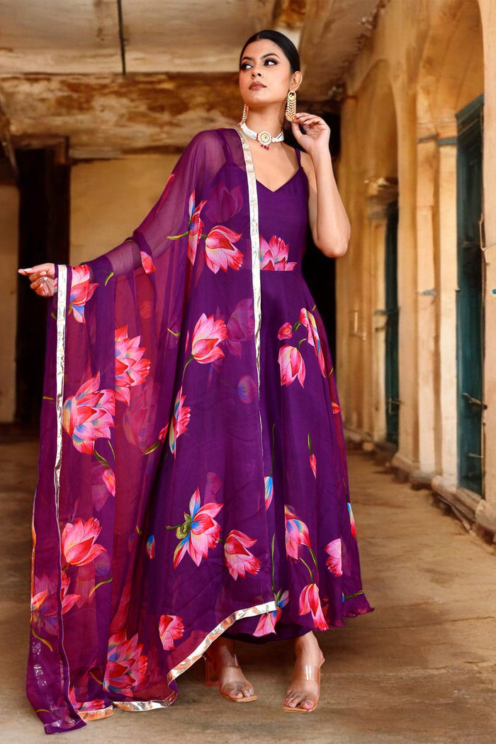 <img> Purple Chiffon Anarkali Set