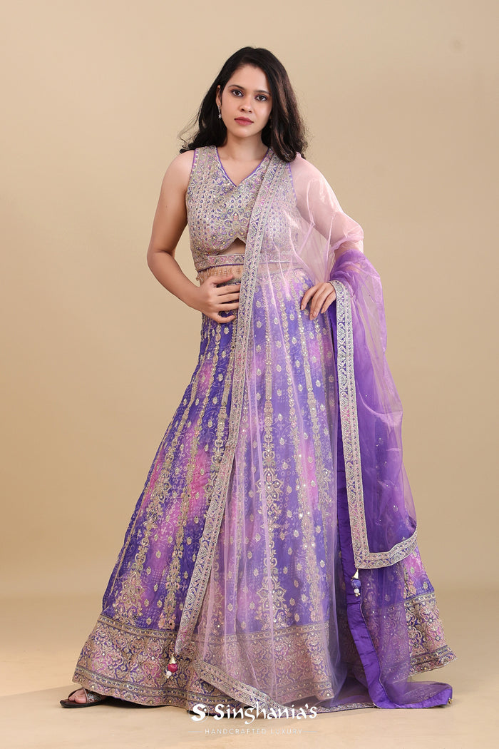 <img> Purple Chinon Silk Lehenga Set