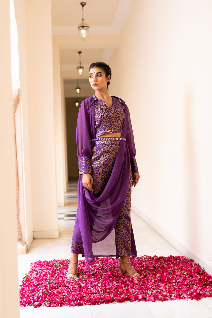 Purple Cotton Pant Saree With Chiffon Jacket And Dupatta