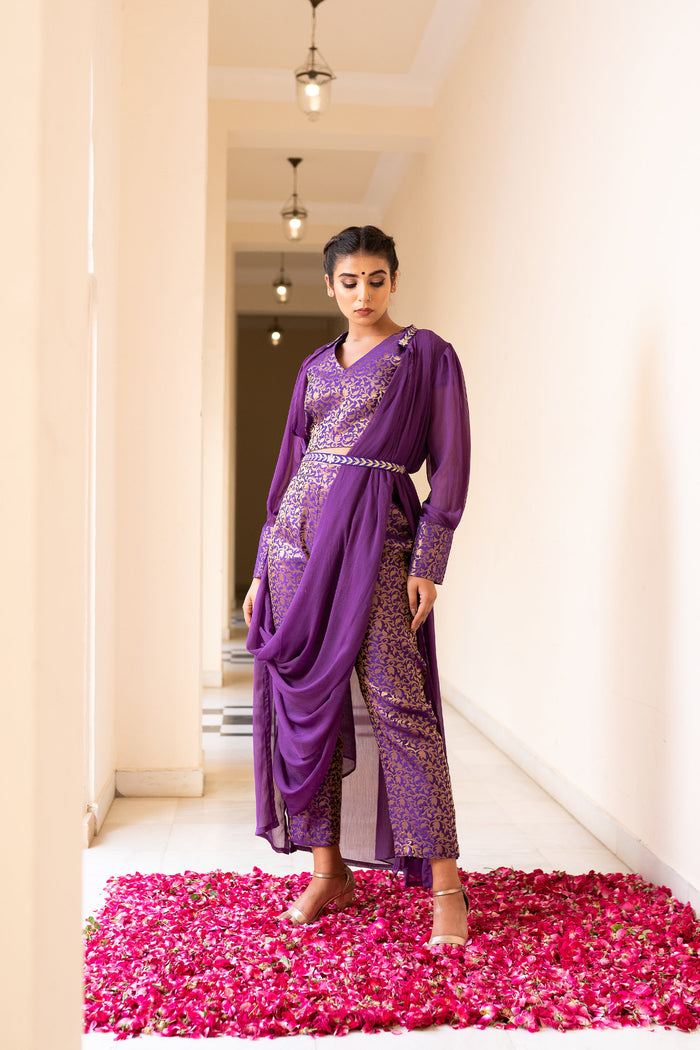 Purple Cotton Pant Saree With Chiffon Jacket And Dupatta