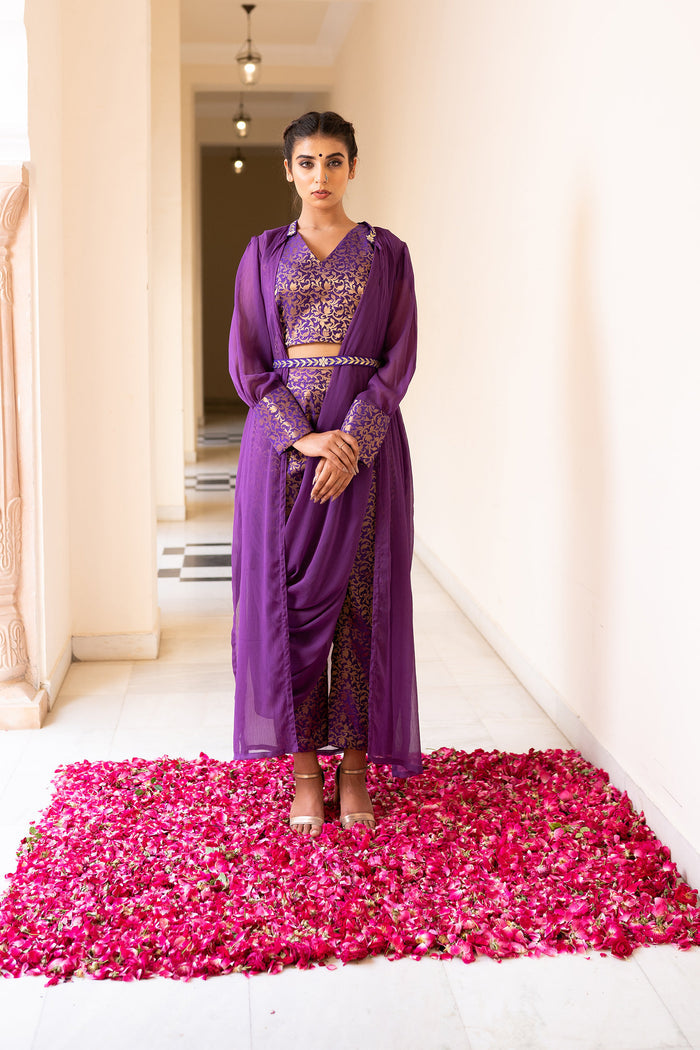 Purple Cotton Pant Saree With Chiffon Jacket And Dupatta
