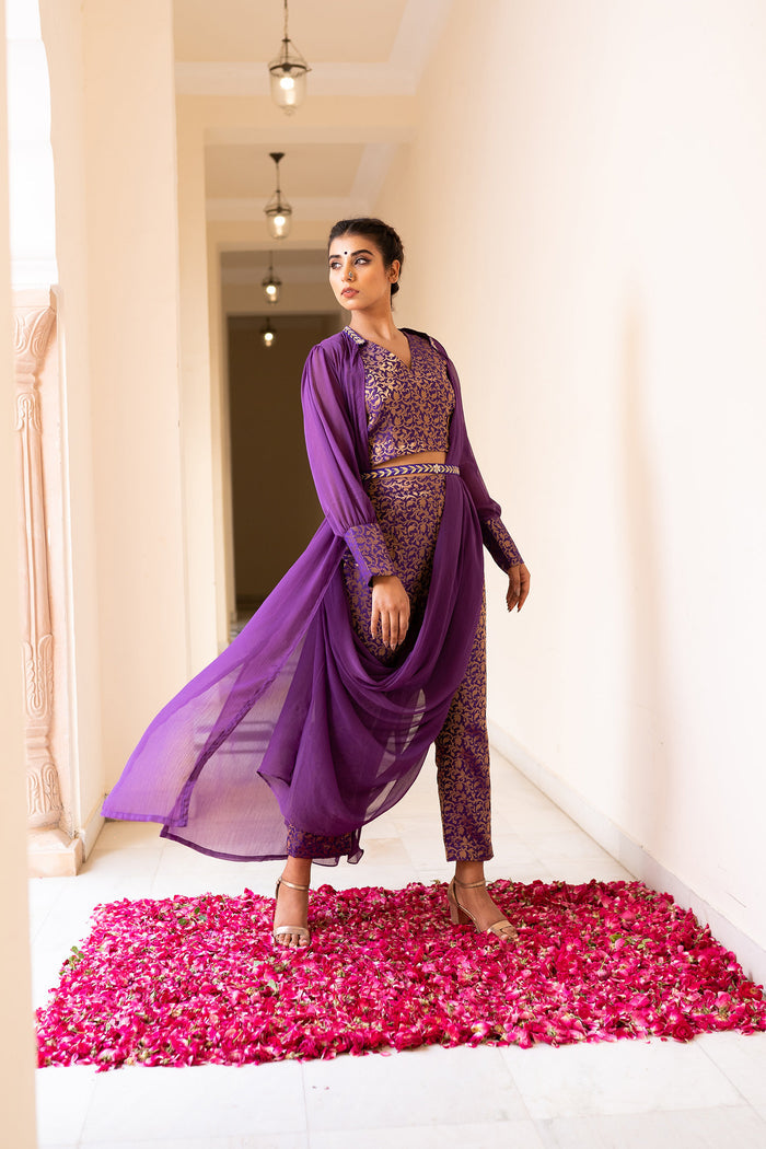 Purple Cotton Pant Saree With Chiffon Jacket And Dupatta