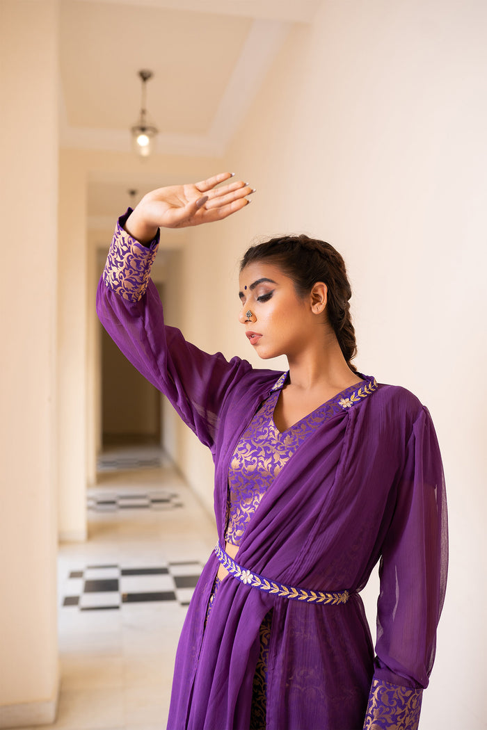 Purple Cotton Pant Saree With Chiffon Jacket And Dupatta