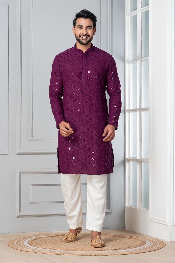Purple Cotton Silk Embroidered Kurta Set