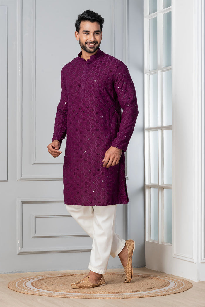 Purple Cotton Silk Embroidered Kurta Set
