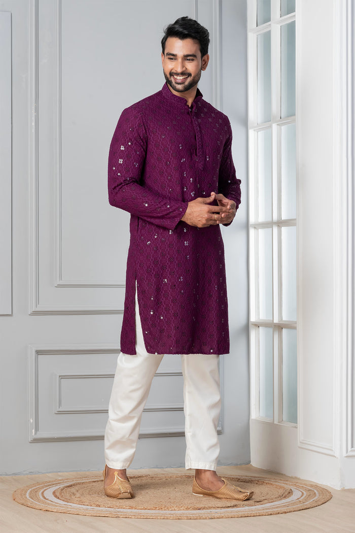Purple Cotton Silk Embroidered Kurta Set