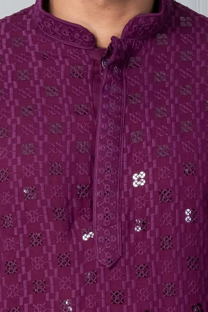 Purple Cotton Silk Embroidered Kurta Set