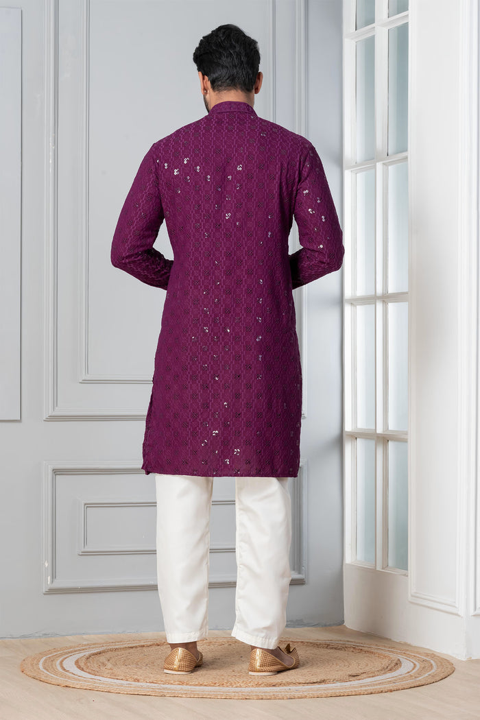 Purple Cotton Silk Embroidered Kurta Set