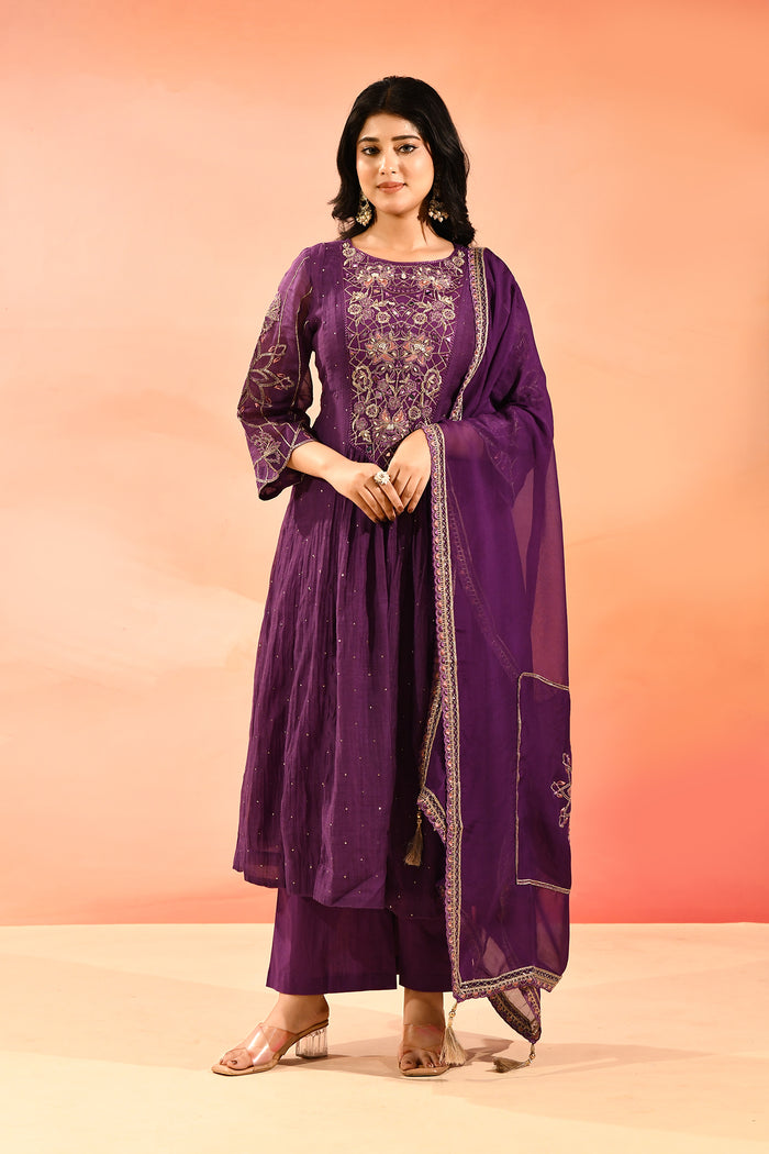 Purple Embroidered Cotton Anarkali Set