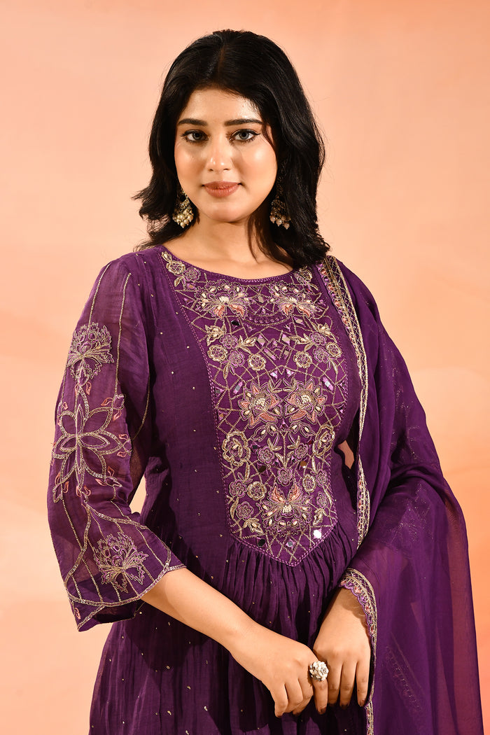 Purple Embroidered Cotton Anarkali Set