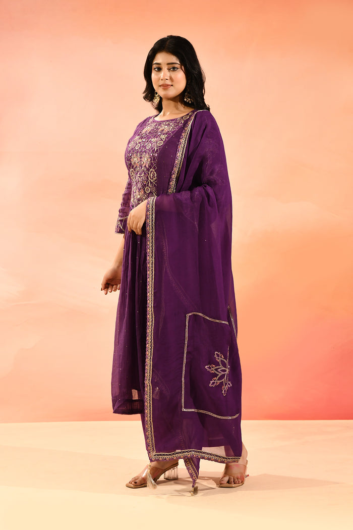 Purple Embroidered Cotton Anarkali Set