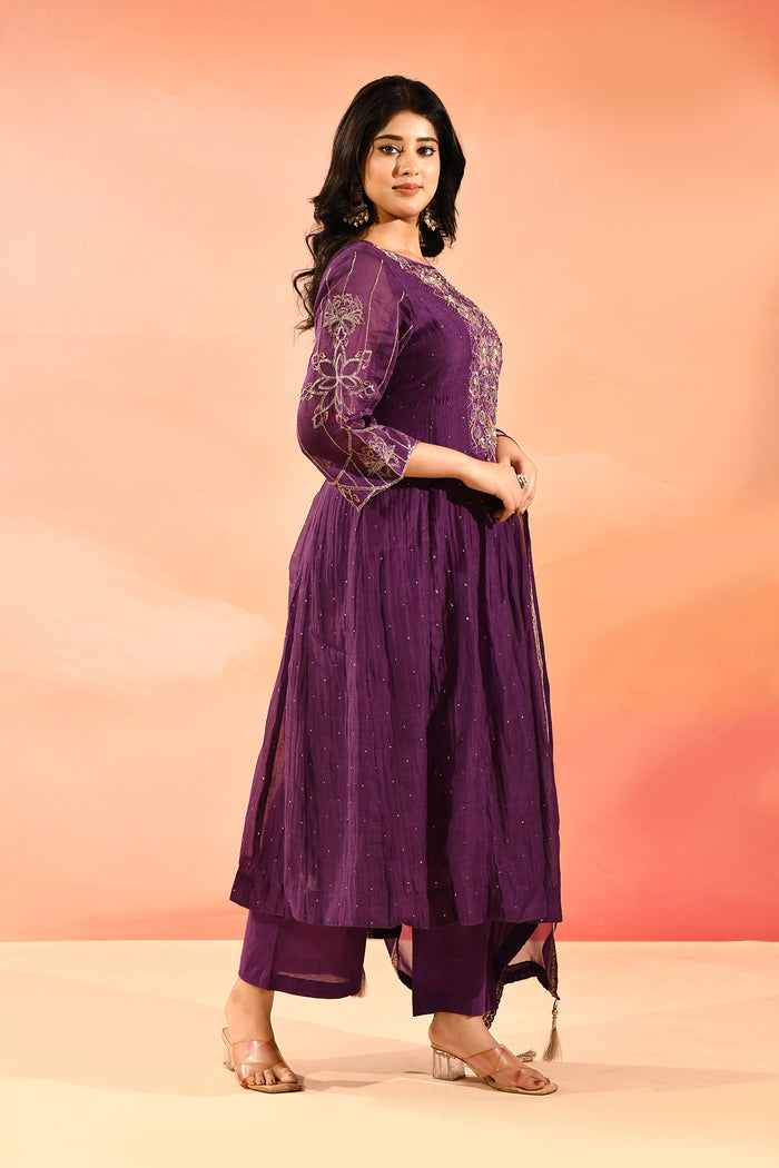 Purple Embroidered Cotton Anarkali Set
