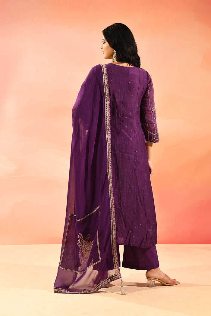 Purple Embroidered Cotton Anarkali Set