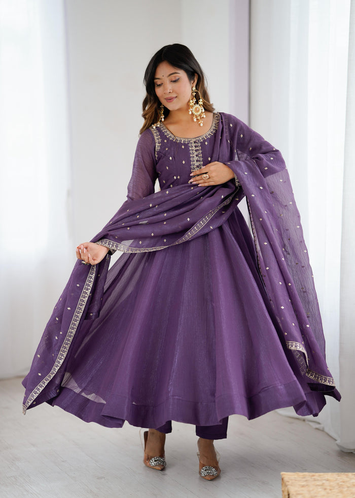 Purple Embroidered Silk Anarkali Set