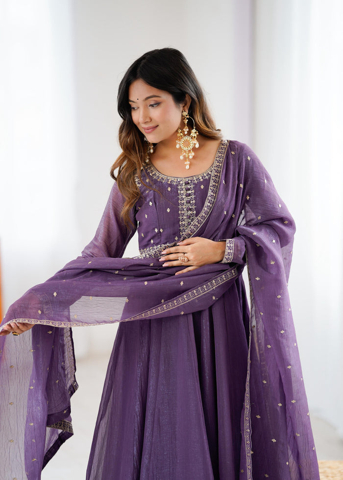 Purple Embroidered Silk Anarkali Set