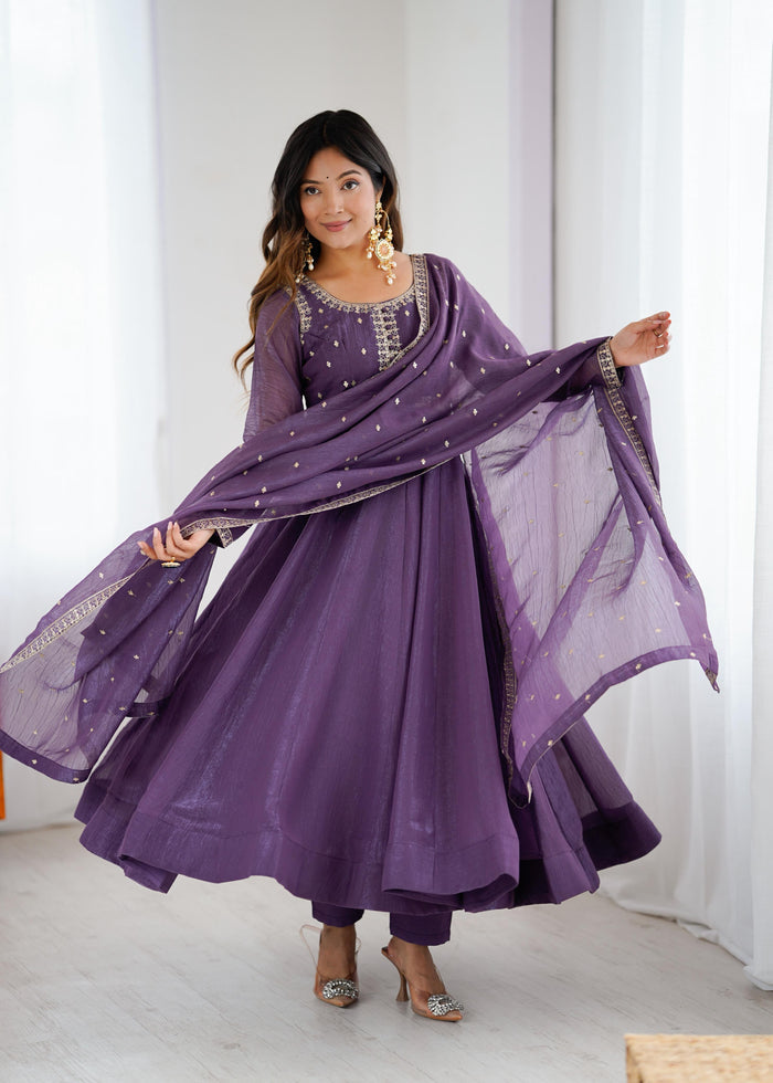Purple Embroidered Silk Anarkali Set