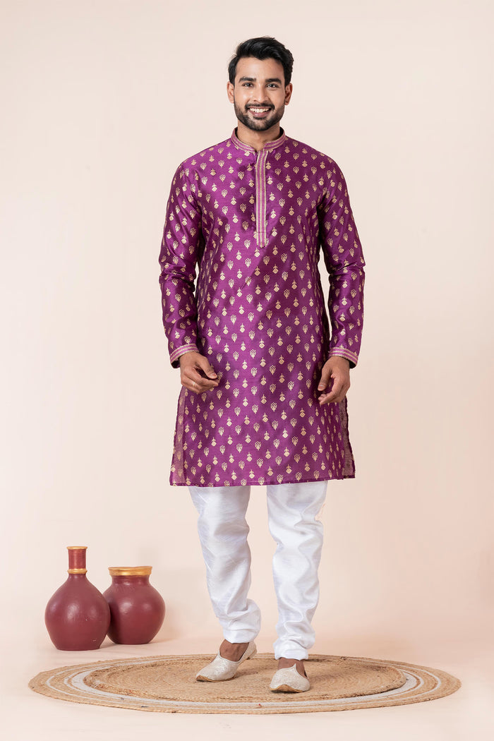Purple Floral Printed Dupion Silk Kurta Set