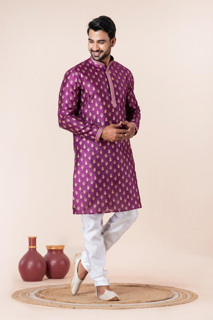 Purple Floral Printed Dupion Silk Kurta Set