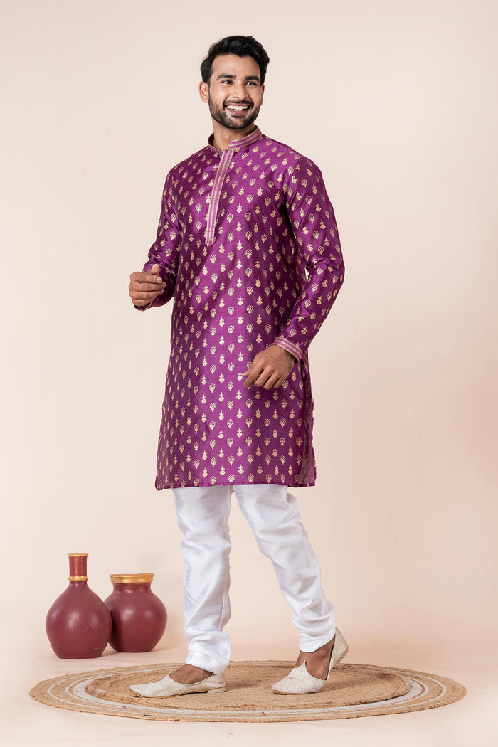 Purple Floral Printed Dupion Silk Kurta Set