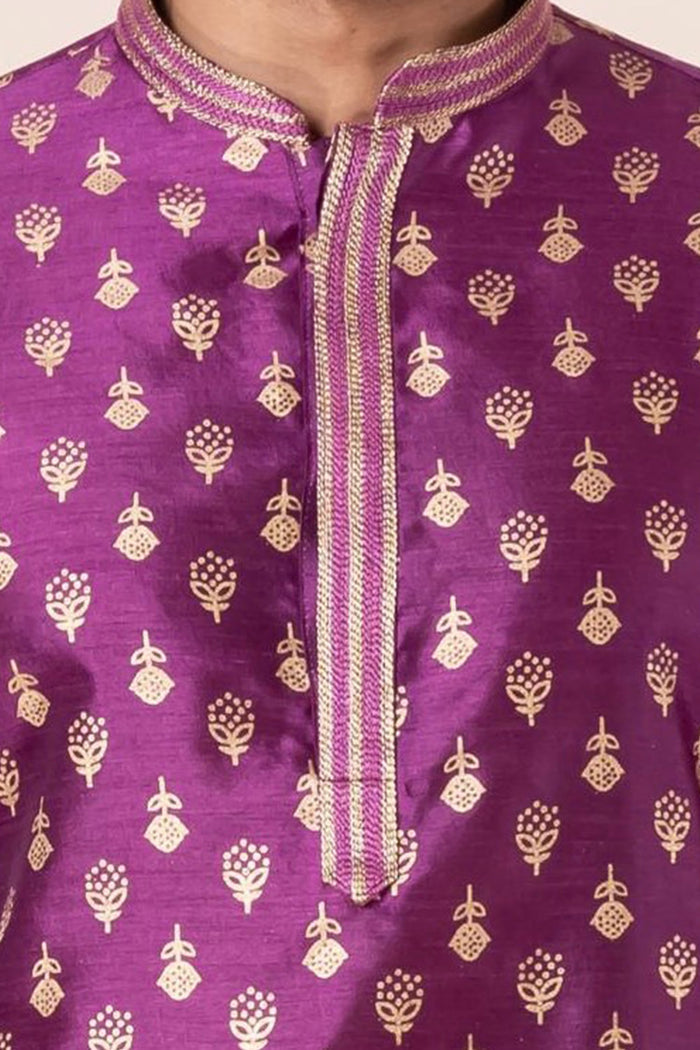 Purple Floral Printed Dupion Silk Kurta Set
