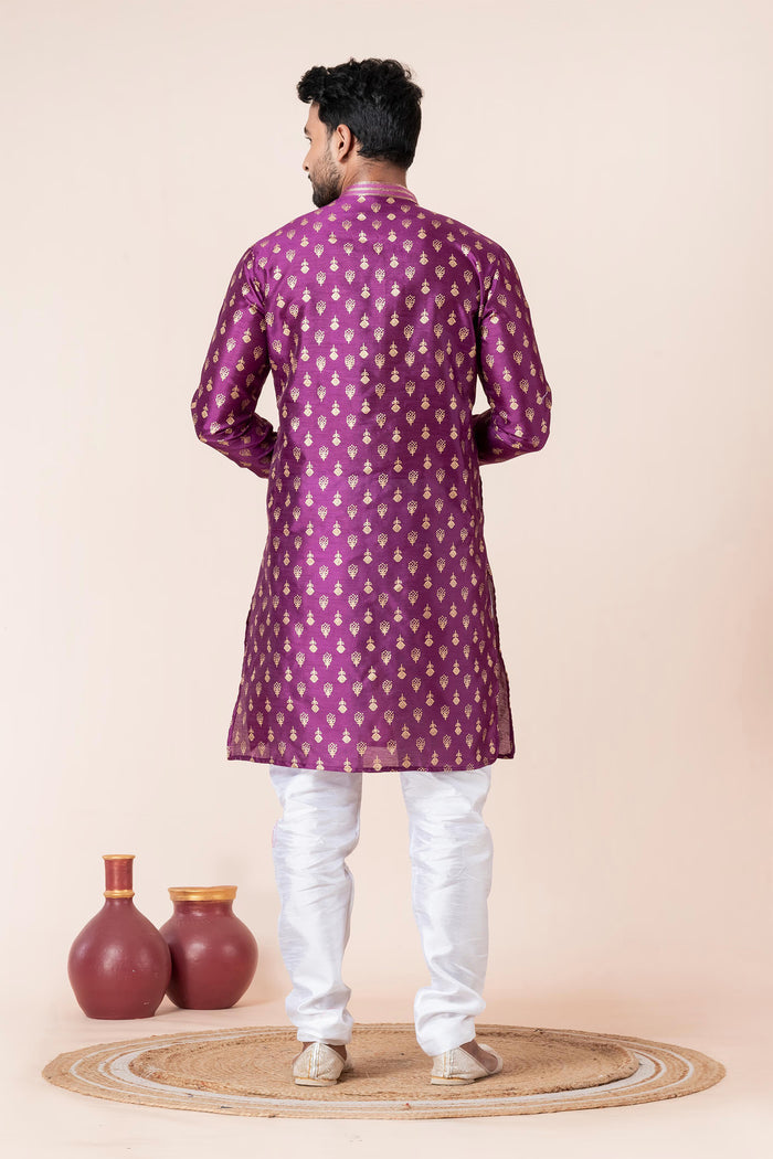 Purple Floral Printed Dupion Silk Kurta Set