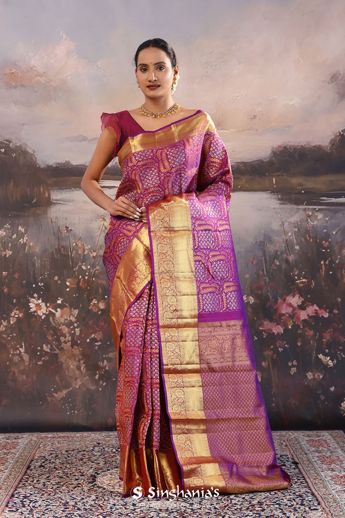<img> Purple Jam Kanjivaram Silk Saree With Floral Design
