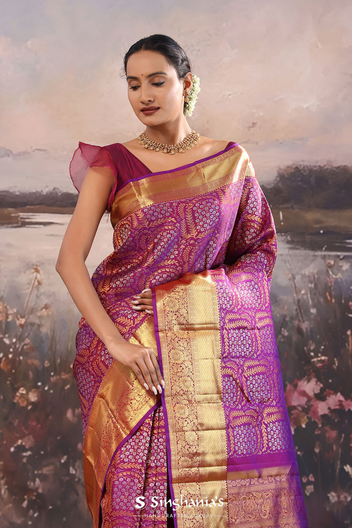 <img> Purple Jam Kanjivaram Silk Saree With Floral Design