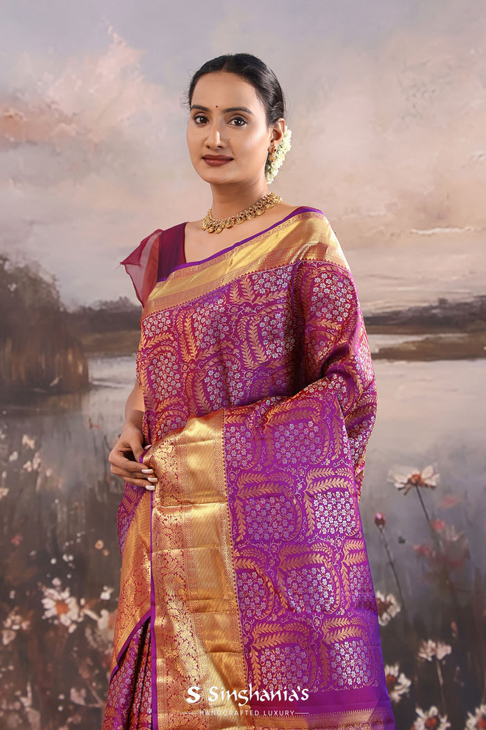 <img> Purple Jam Kanjivaram Silk Saree With Floral Design