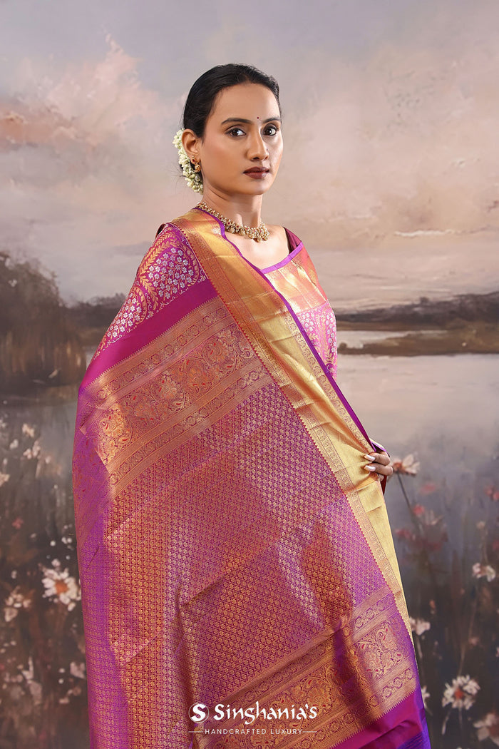 <img> Purple Jam Kanjivaram Silk Saree With Floral Design