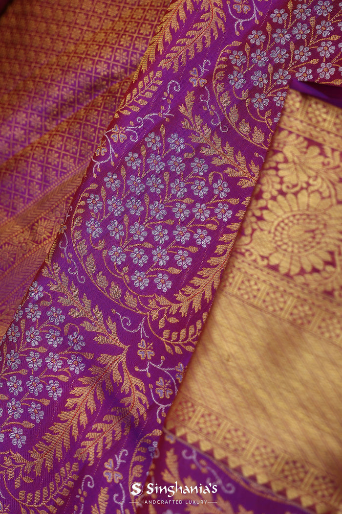 <img> Purple Jam Kanjivaram Silk Saree With Floral Design