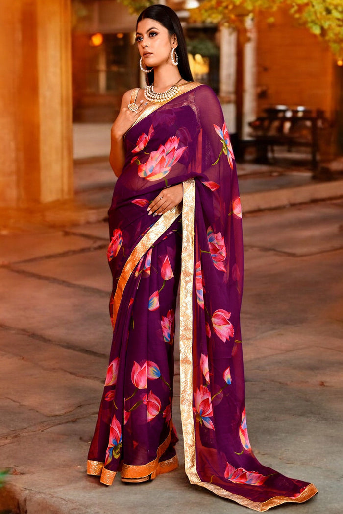 <img> Purple Lotus Printed Chiffon Saree