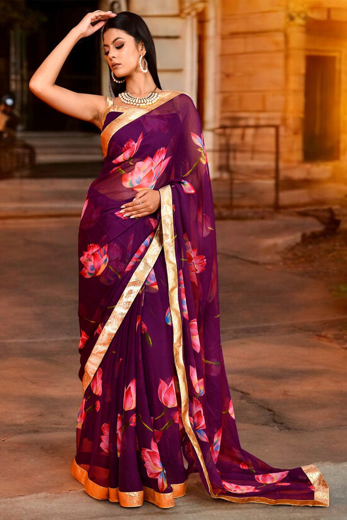 <img> Purple Lotus Printed Chiffon Saree