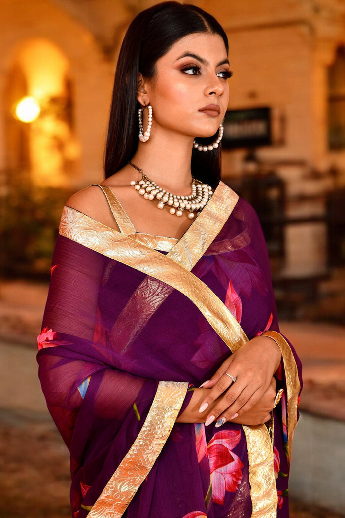 <img> Purple Lotus Printed Chiffon Saree