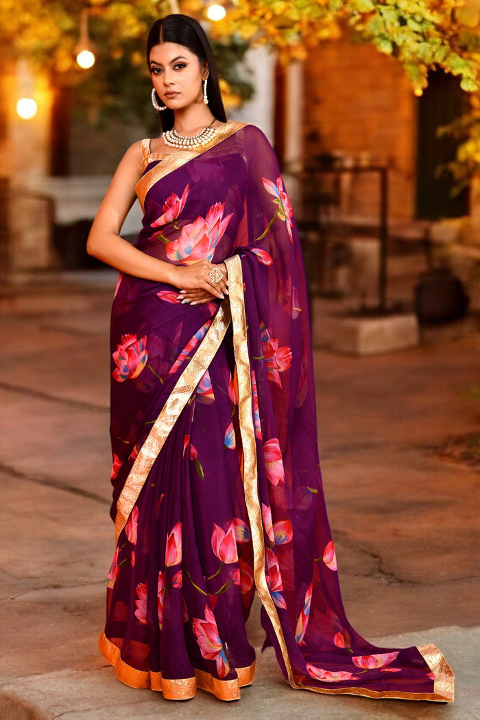 <img> Purple Lotus Printed Chiffon Saree