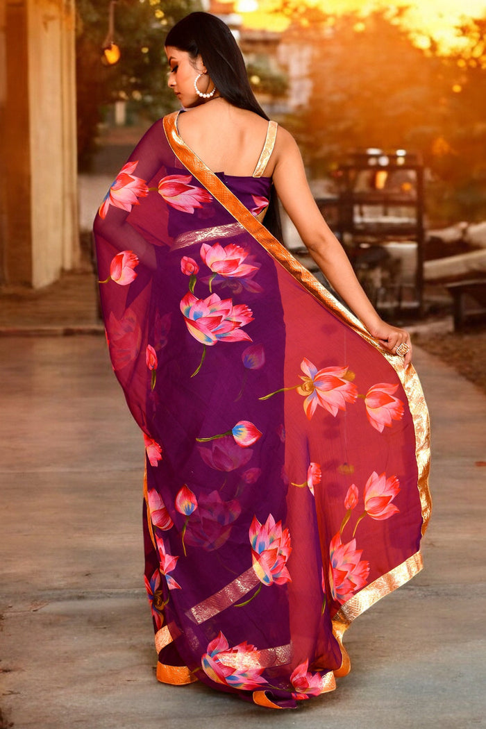 <img> Purple Lotus Printed Chiffon Saree