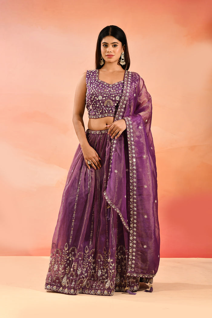 Purple Metallic Lehenga With All-Over Mirror Embroidery