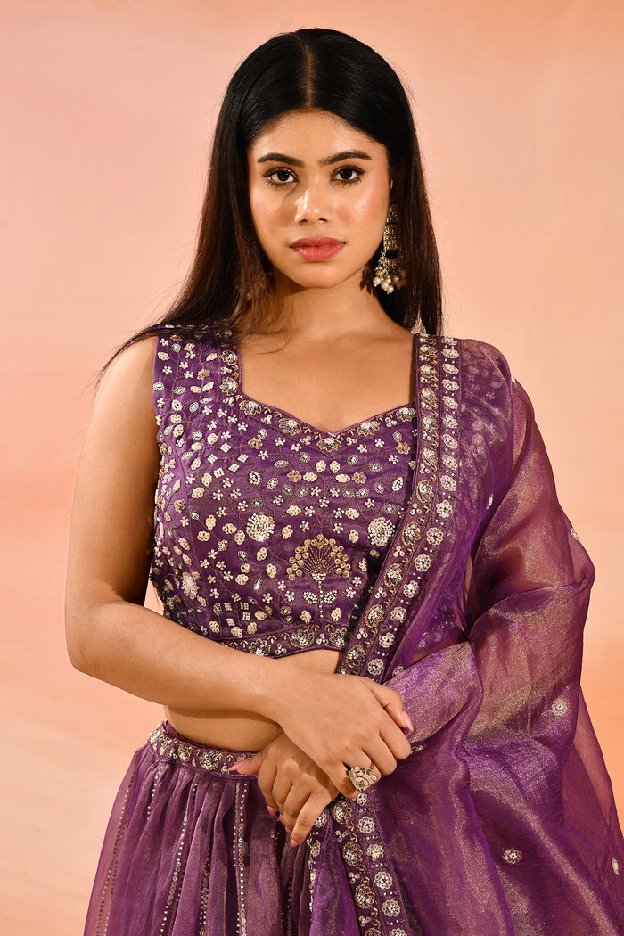 Purple Metallic Lehenga With All-Over Mirror Embroidery