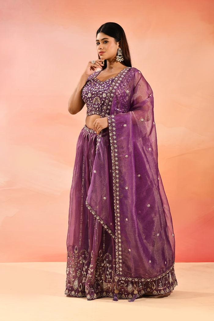 Purple Metallic Lehenga With All-Over Mirror Embroidery