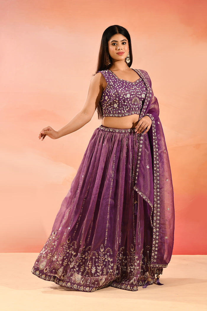 Purple Metallic Lehenga With All-Over Mirror Embroidery